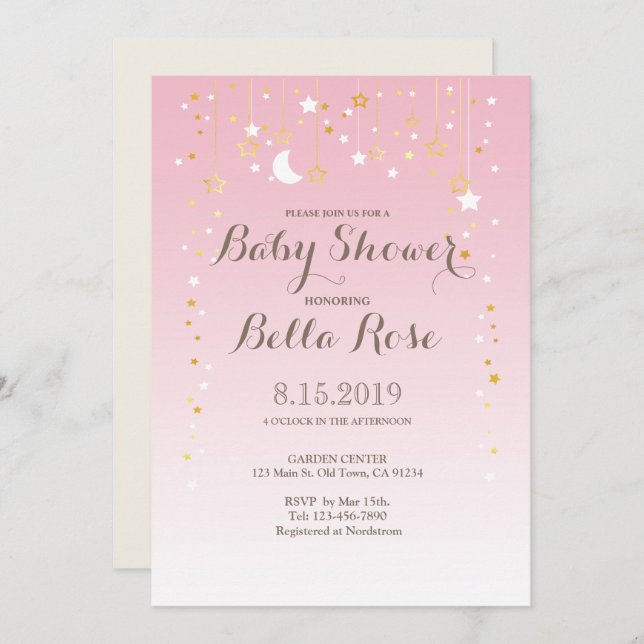 Invitation Baby shower rose Lune Star fille (Devant / Derrière)
