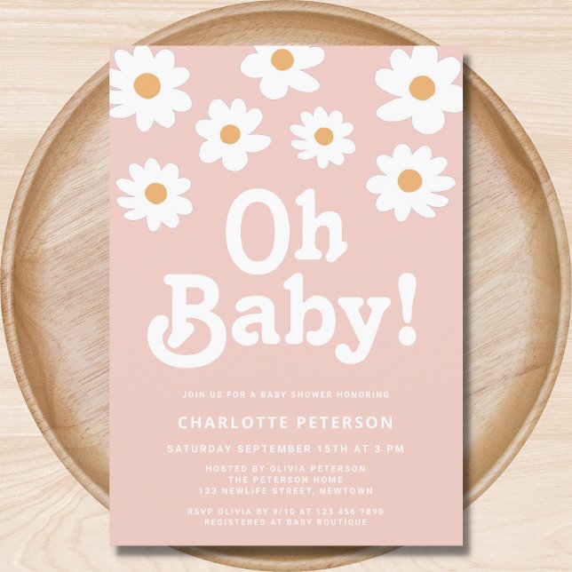 Invitation Baby shower rose marguerite rétro (Créateur téléchargé)