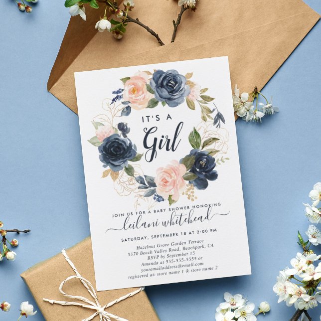 Invitation Baby shower Rose Marine Floral Wreath (Créateur téléchargé)