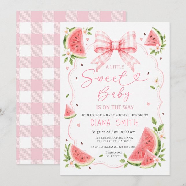 Invitation Baby Shower Rose Melon D'été Ruban Rose (Devant / Derrière)