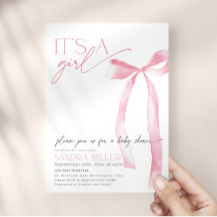 Invitation Baby Shower Rose Minimaliste Ruban Rose