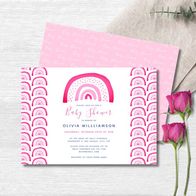 Invitation Baby Shower Rose Moderne Arc-en-Ciel (Pink rainbow baby shower landscape invitation.  Matching accessories and party range available.)