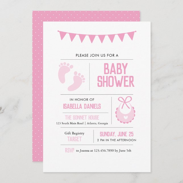 Invitation Baby shower rose moderne fille (Devant / Derrière)