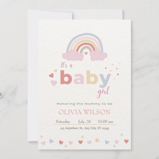 Invitation Baby Shower Rose Moderne Mignon Arc-en-Ciel (Devant)