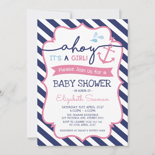Invitation Baby shower rose Nautique fille Ahoy (Devant)