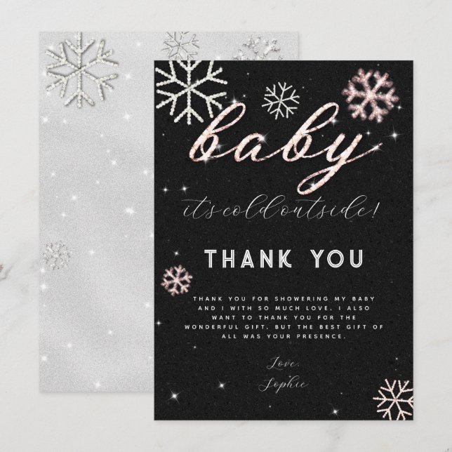 Invitation Baby shower rose noir hiver Rhinestone  Merci (Devant / Derrière)