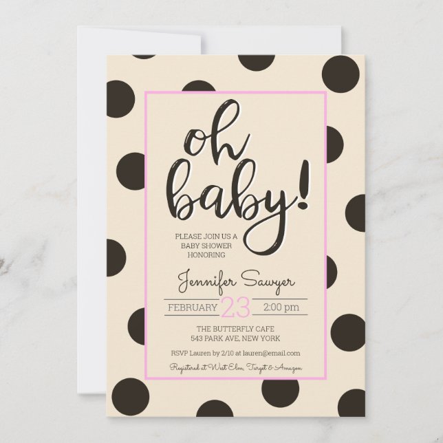 Invitation Baby shower rose noir neutre Polka Dot (Devant)
