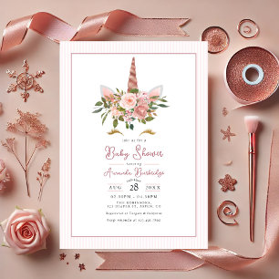Invitation Baby shower rose or et flou de Unicorn Floral