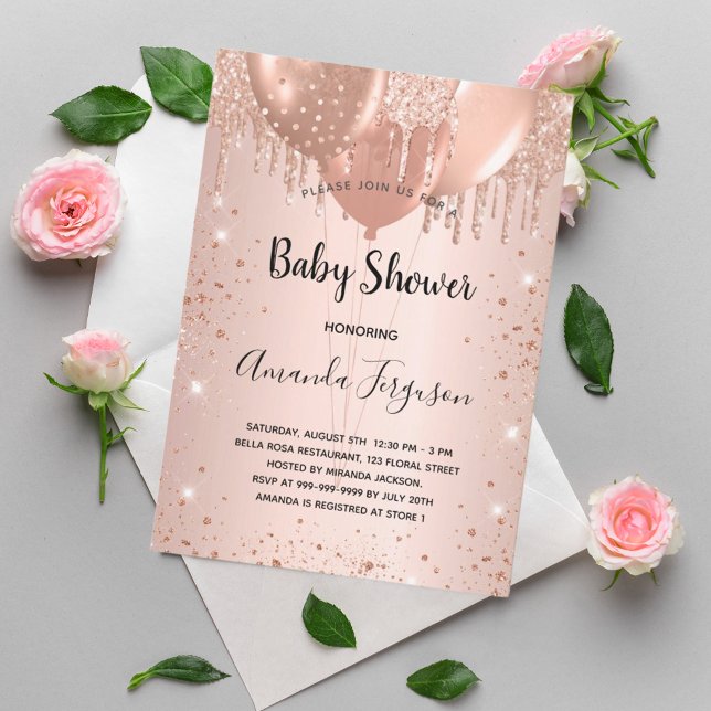 Invitation Baby shower rose or parties scintillant gouttes ba (Créateur téléchargé)
