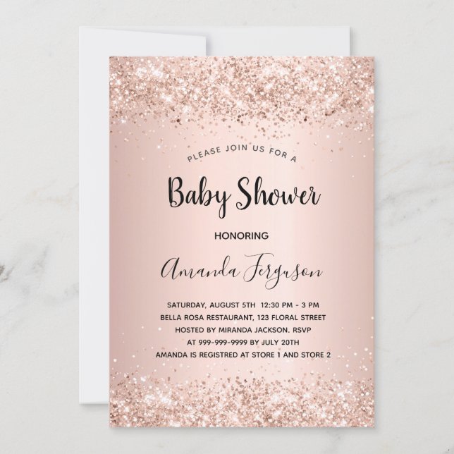 Invitation Baby shower rose or parties scintillant rousse fil (Devant)