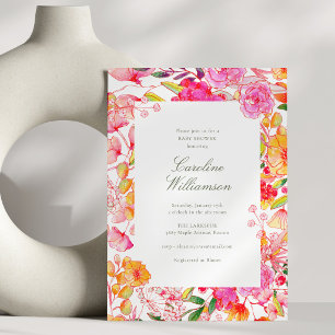 Invitation Baby Shower Rose Orange Fluorescent Fleurs Aquarel