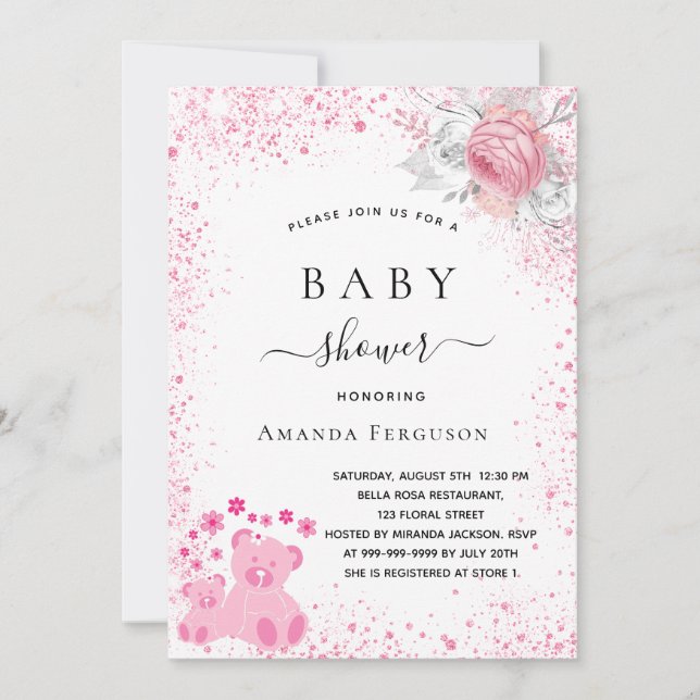 Invitation Baby shower rose ours en peluche fille parties sci (Devant)