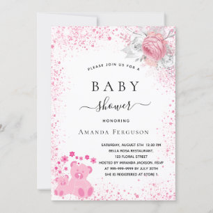 Invitation Baby shower rose ours en peluche fille parties sci