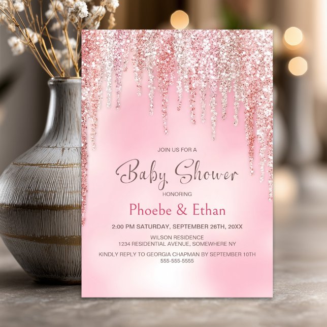 Invitation Baby Shower Rose Pailleté (Créateur téléchargé)
