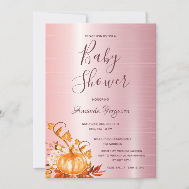 Invitation Baby shower rose pâle citrouille chute (Devant)