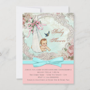 Invitation Baby Shower Rose Pâle et Bleu Turquoise Vintage