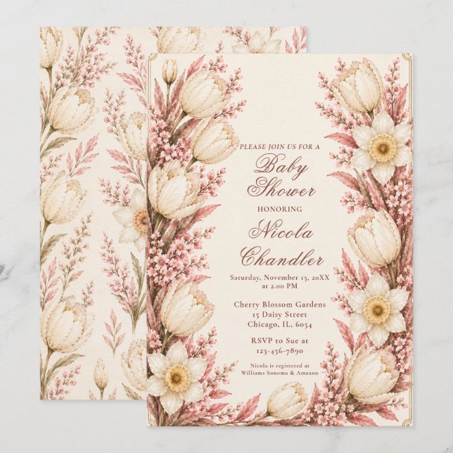 Invitation Baby-Shower Rose Pâle et Champagne (Devant / Derrière)