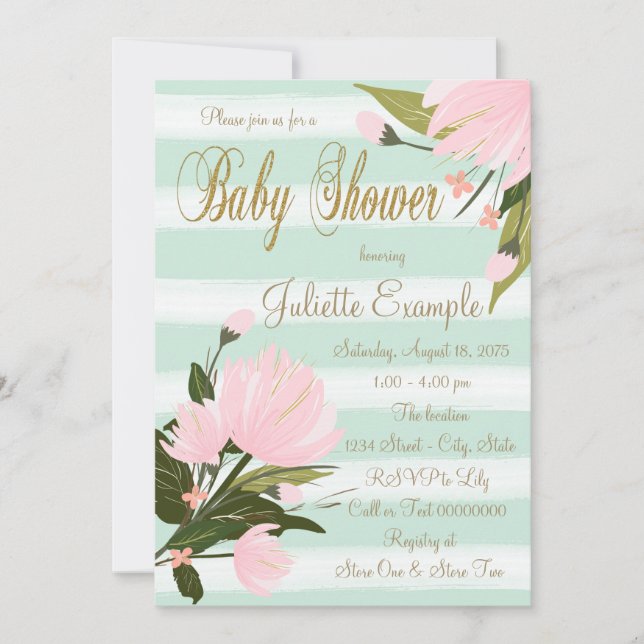 Invitation Baby Shower Rose Pâle et Rayures Dorées (Devant)