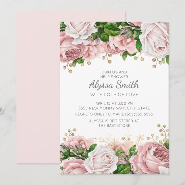 Invitation Baby Shower Rose Pâle Or Fleurs (Devant / Derrière)