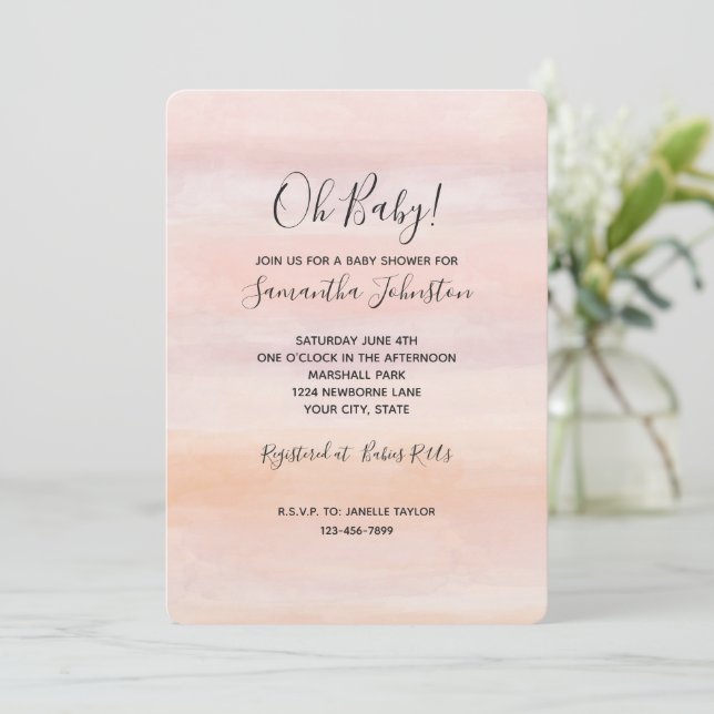 Invitation Baby shower rose pâle Sunrise Peach (Debout devant)