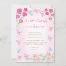 Invitation Baby shower rose papillon