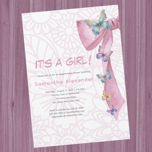 Invitation baby shower rose papillon (Butterfly pink bow baby shower invitation.  It's a girl. Girly design. Coquette pink butterfly bow.)
