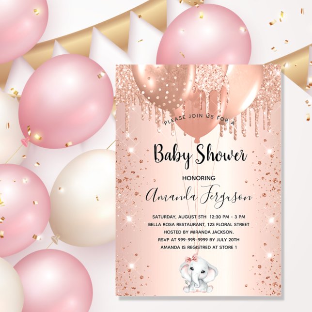 Invitation Baby shower rose parties scintillant d'or éléphant (Créateur téléchargé)