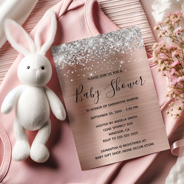 Invitation Baby shower Rose Parties scintillant en argent à h (Silver Glitter Rose Gold Foil Baby Shower Invitation)