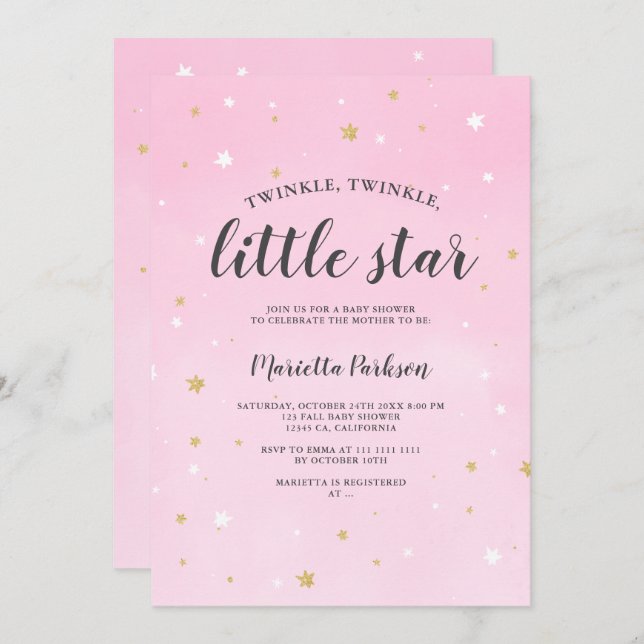 Invitation Baby shower rose parties scintillant or étoile Twi (Devant / Derrière)