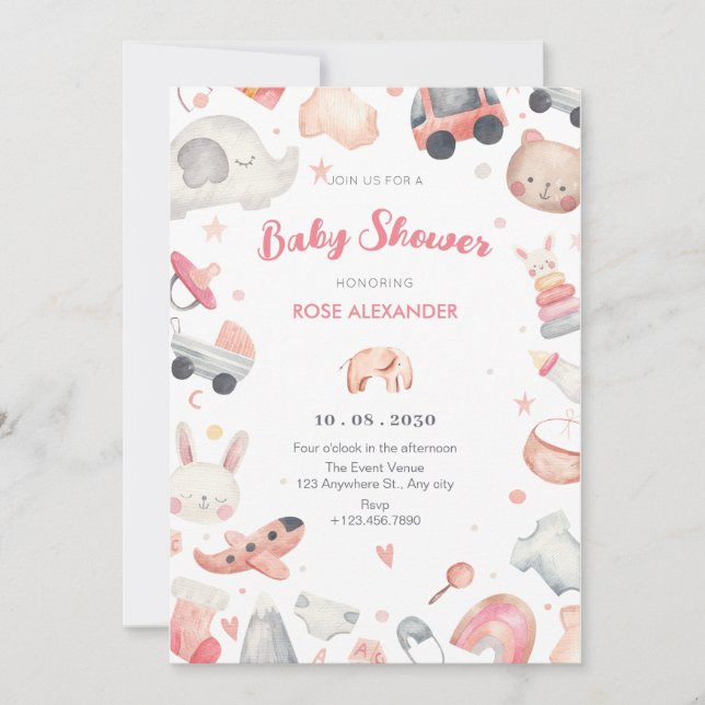 Invitation Baby shower rose pastel (Devant)