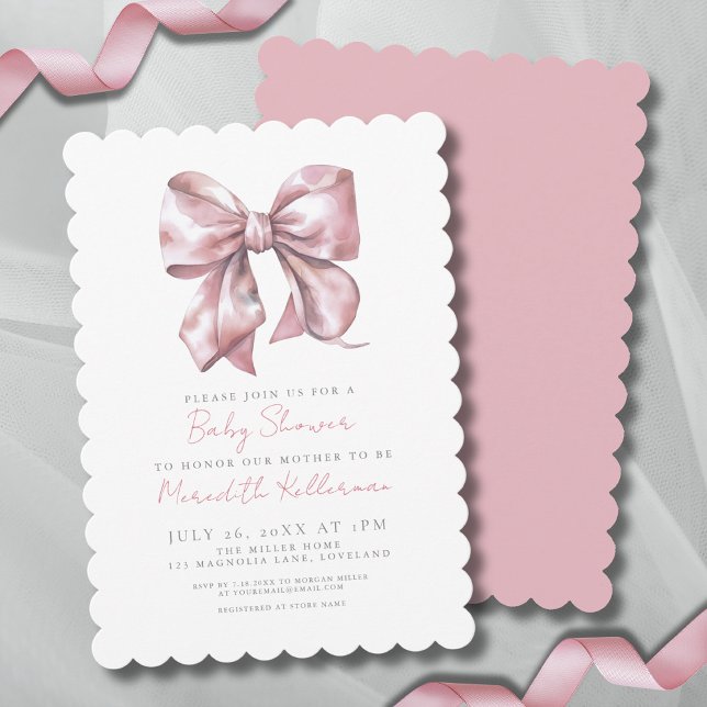 Invitation Baby Shower Rose Pastel Aquarelle (Watercolor Bow Pink Baby Shower Invitation)
