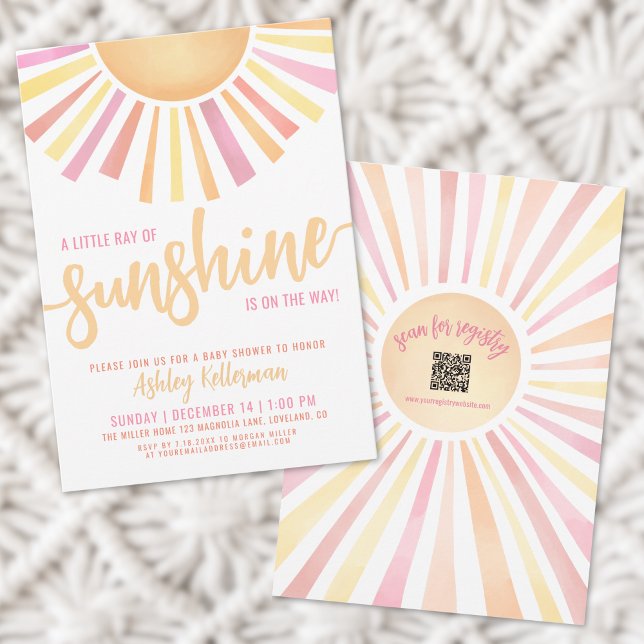Invitation Baby Shower Rose Petit Rayon de Soleil (Pink Little Ray Of Sunshine Baby Shower Invitation)