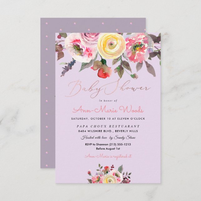 Invitation Baby shower Rose PixDezines Pastel Aquarelle (Devant / Derrière)