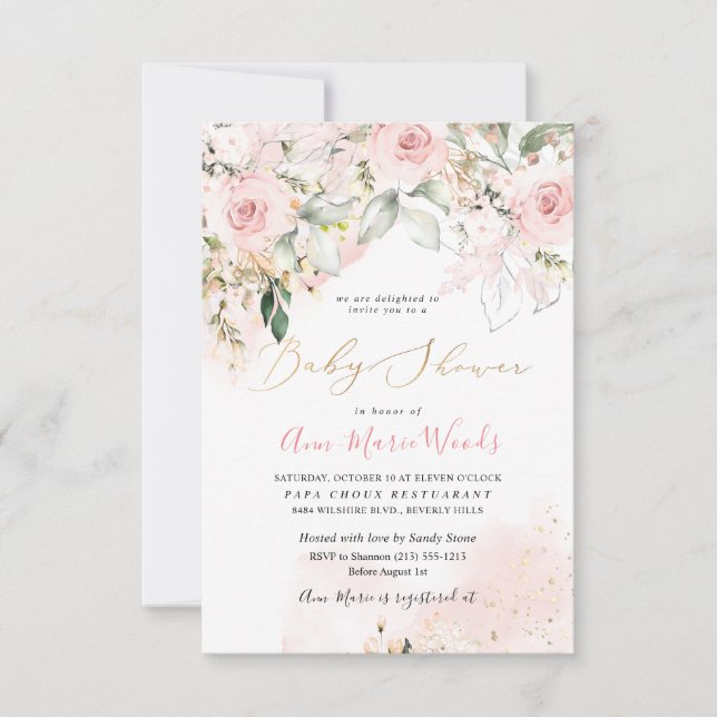 Invitation Baby shower Rose PixDezines Watercolor Blush (Devant)