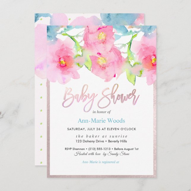 Invitation Baby shower Rose PixDezines Watercolor Garden (Devant / Derrière)