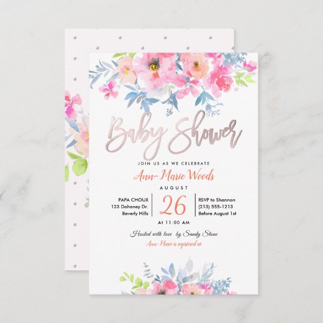 Invitation Baby shower Rose PixDezines Watercolor Garden (Devant / Derrière)