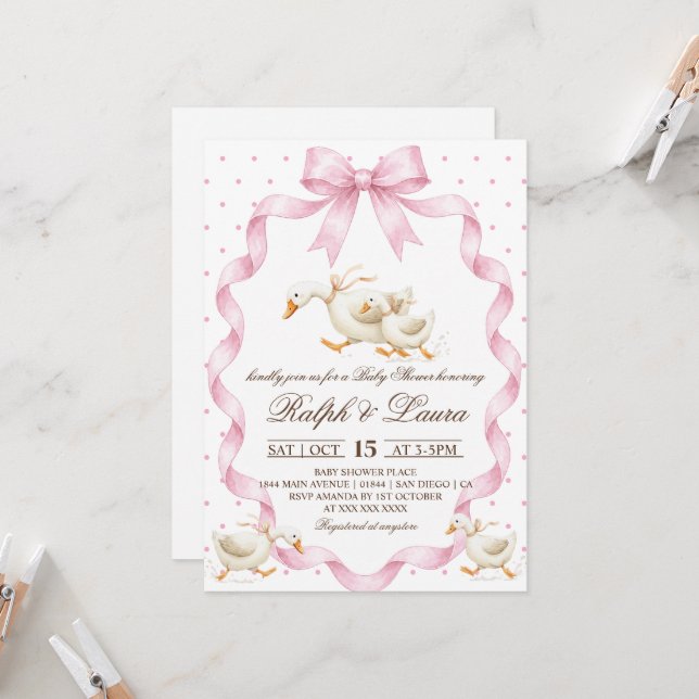 Invitation Baby-Shower Rose Pointillé pour Bébé Canard (Devant/Arrière en situation)