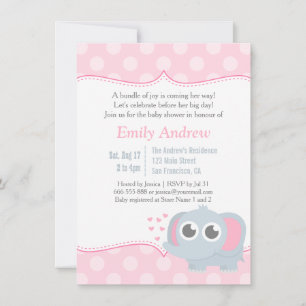 Invitation Baby shower rose Pois Eléphant bébé