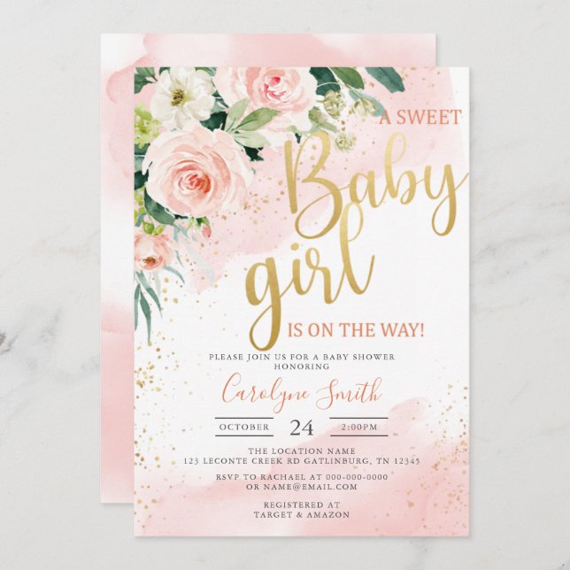 Invitation baby shower rose pour fille (Devant / Derrière)