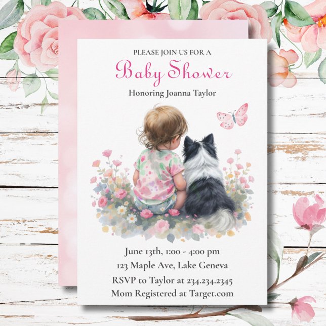 Invitation Baby shower rose pour fille thème chien (Créateur téléchargé)