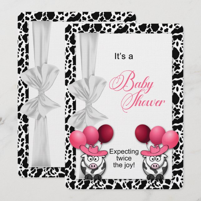 Invitation Baby shower rose pour jumelles (Devant / Derrière)