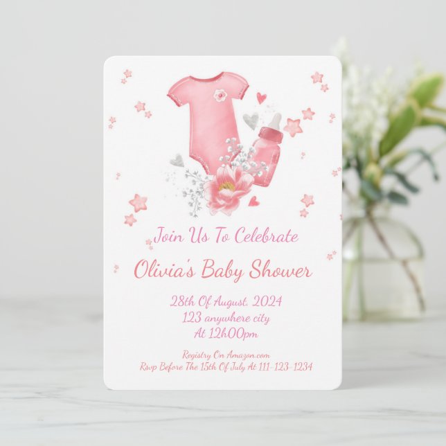 INVITATION BABY SHOWER ROSE POUR LES FILLES (Debout devant)