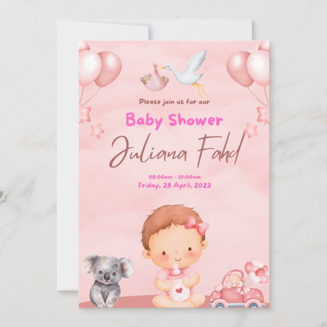 Invitation Baby shower rose pour les filles - mign (Devant)