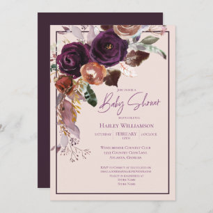 Invitation Baby shower rose, prune, rose et or