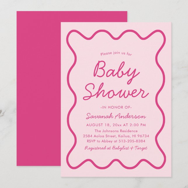 Invitation Baby shower rose rétro moderne ondulé gras (Devant / Derrière)