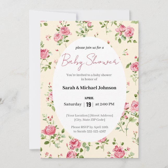 Invitation Baby shower Rose Rose (Devant)