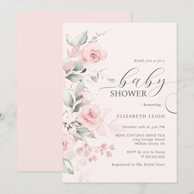Invitation Baby shower rose rose (Devant / Derrière)