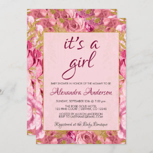 Invitation Baby shower Rose rose pâle Monogramme
