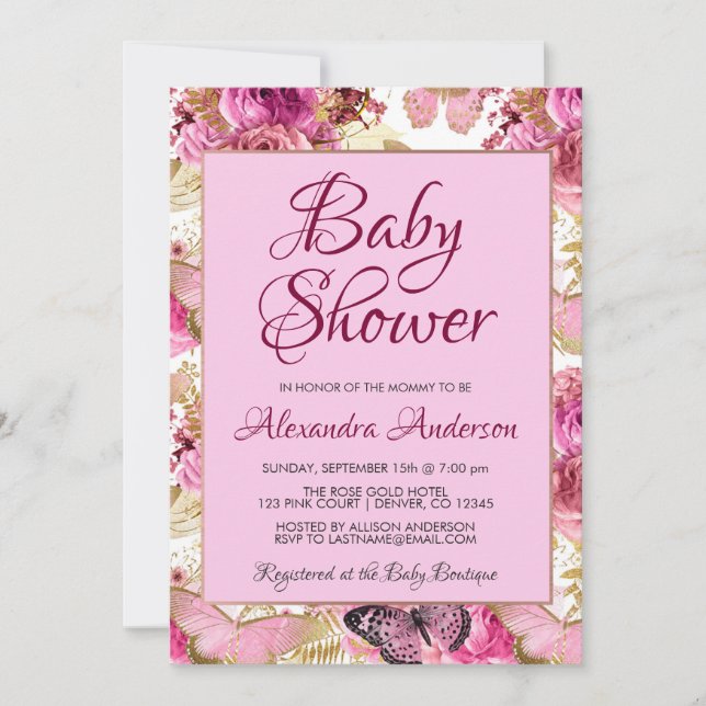 Invitation Baby shower Rose rose pâle Monogramme  (Devant)