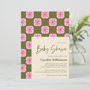 Invitation Baby shower rose rose vert Fleur en damier